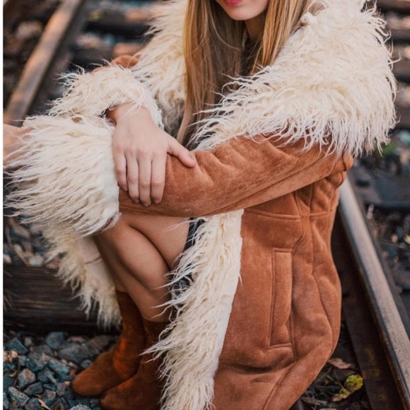 Women's Tan Penny Lane Afghan Suede Leather Coat - Vintage Long Boho - Picture 4 of 7